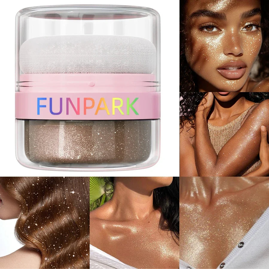 Qme Highlighter Powder with Puff – Face & Body Shimmer Glow Face & Body Highlighter Qme