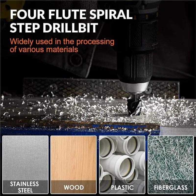 4-Piece HSS Step Drill Bit Set – Spiral Flute Unibit 1/4" Shank Step Drill Bit Set Qme