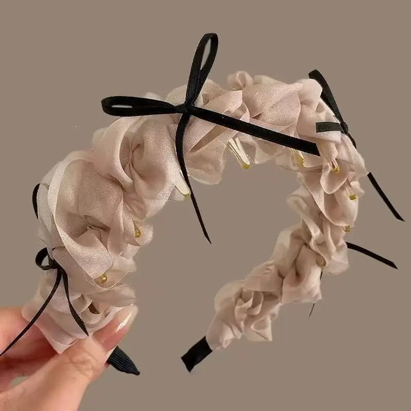 Sweet Mesh Bow Headband – Retro High Crown Comb Hair Clip Hair Bow Headband Qst Beige