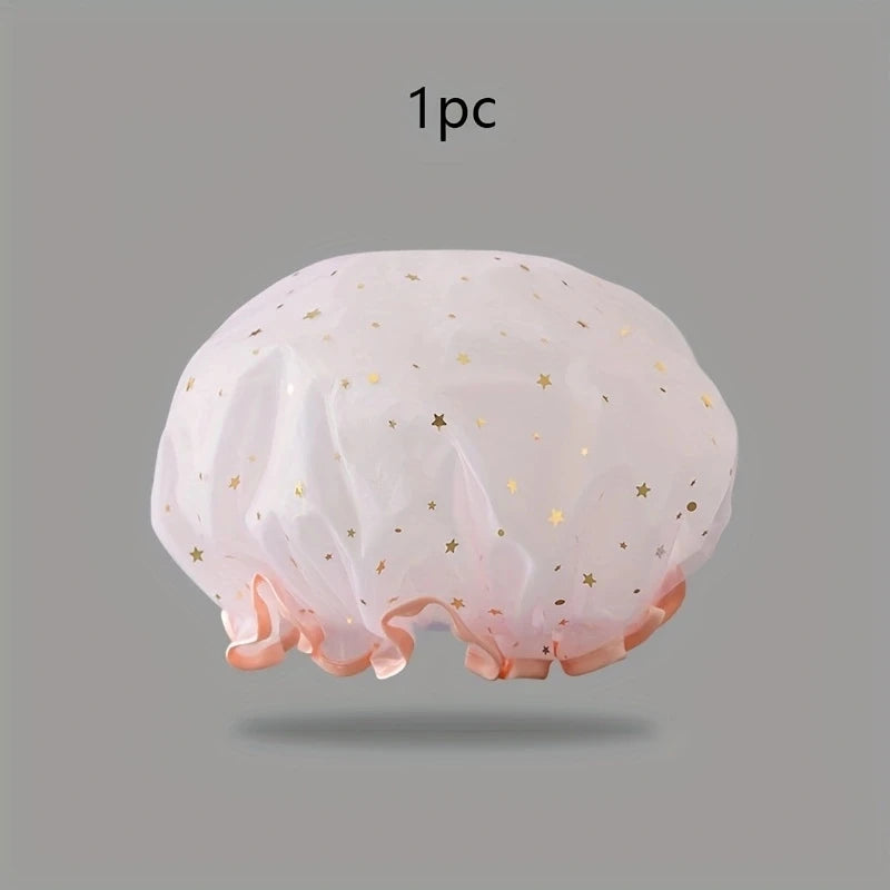 Waterproof Double-Layer Shower Cap – Starry Sky Reusable Hat Shower Cap Qst pink