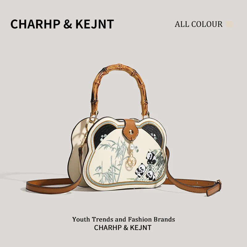 Bamboo Crossbody Bag – Cartoon Panda PU Leather Shoulder Bag Crossbody Handbag Qme Beige