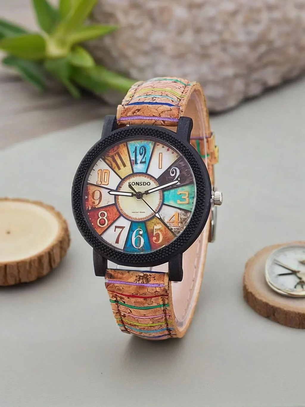 Women's Wood Grain Dial Retro Leather Watch Set – 2 Piece Women's Watch Set Qme