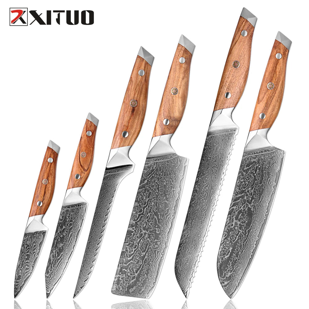 XITUO Damascus Steel Kitchen Knife Set – Olive Wood Handle Kitchen Knife Set Qst 6PCS Knife