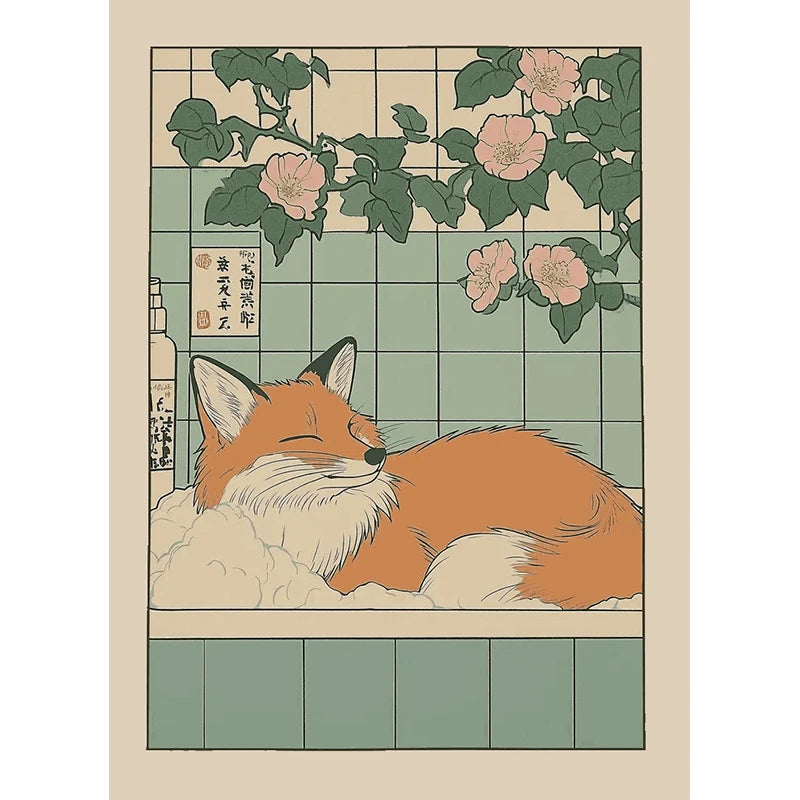 Japanese Bathroom Cute Animals Canvas Wall Art Poster Unframed