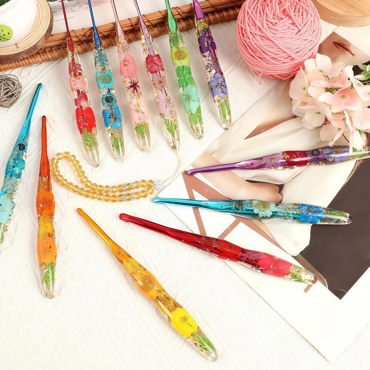 9-Piece Flower Resin Handle Crochet Hook Set | Knitting Yarn Crochet Hook Set Qme