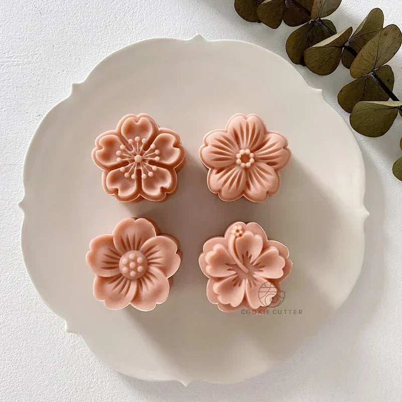 Cherry Blossom Rose 4-Pc Pastry Mold Set | Moon Cake & Candy Pastry Mold Set Qme