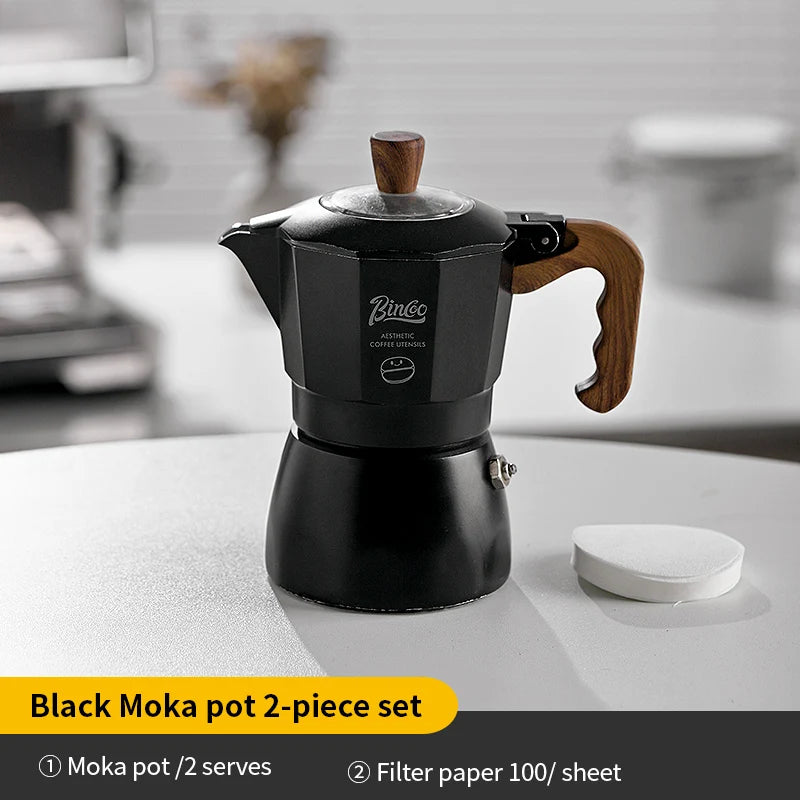 Bincoo Dual Valve Moka Pot Set with Heater – Portable Espresso Moka Pot Set Qst Black 2pcs