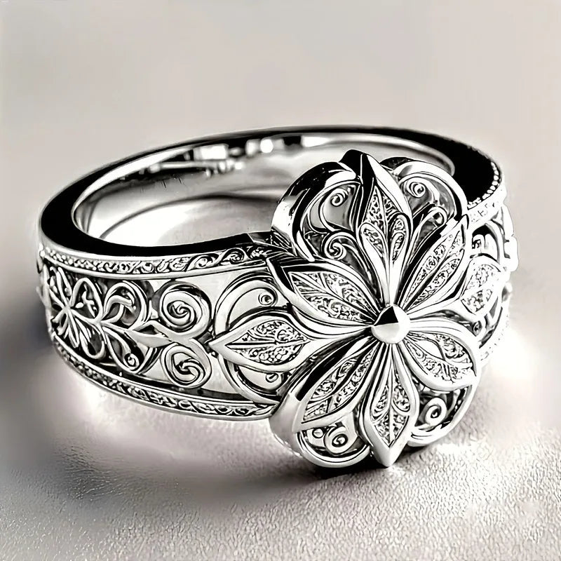 Vintage Flower Filigree Ring – Silver Hollow Floral Statement Filigree Statement Ring Qme