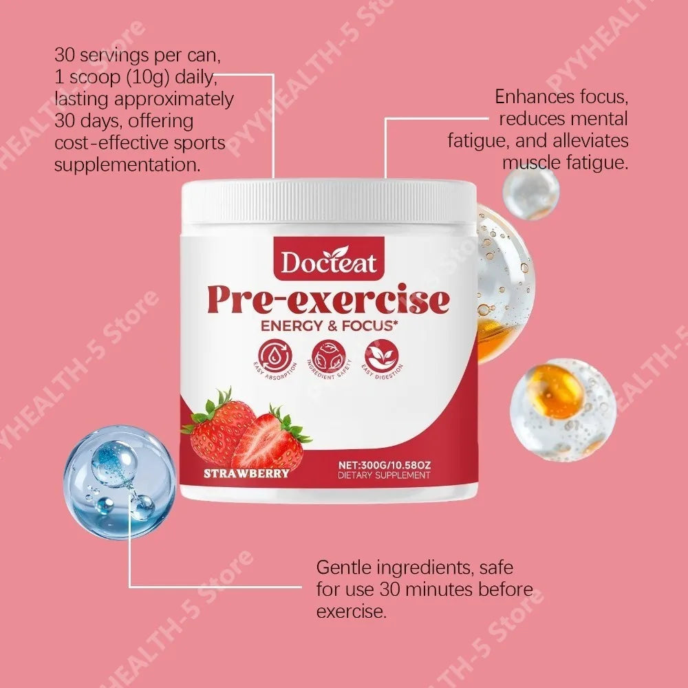 Docteat Pre-Workout Powder Strawberry 300g | 30 Servings Pre-Workout Supplement Qst
