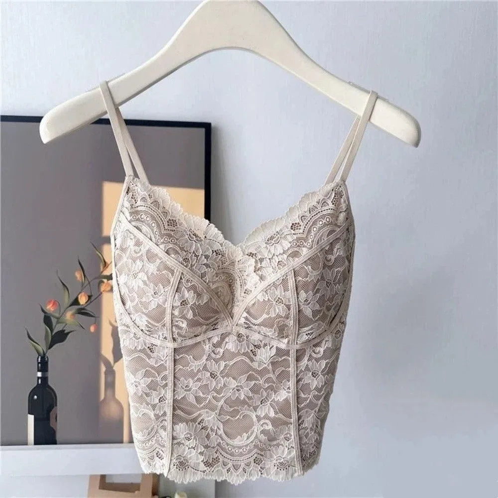 Mesh Floral Lace Crop Camisole – Slim Summer Vest for Women Lace Crop Camisole Qme Nude L