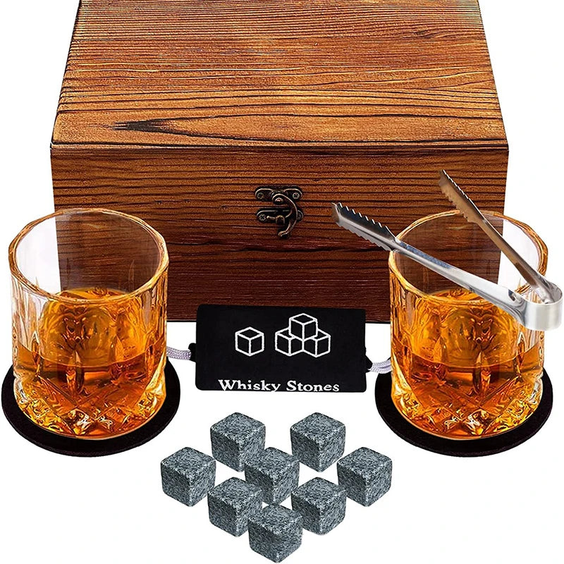 Whiskey Stones Gift Set – Granite Ice Cubes, Glasses & Wood Box Whiskey Stones Set Qst