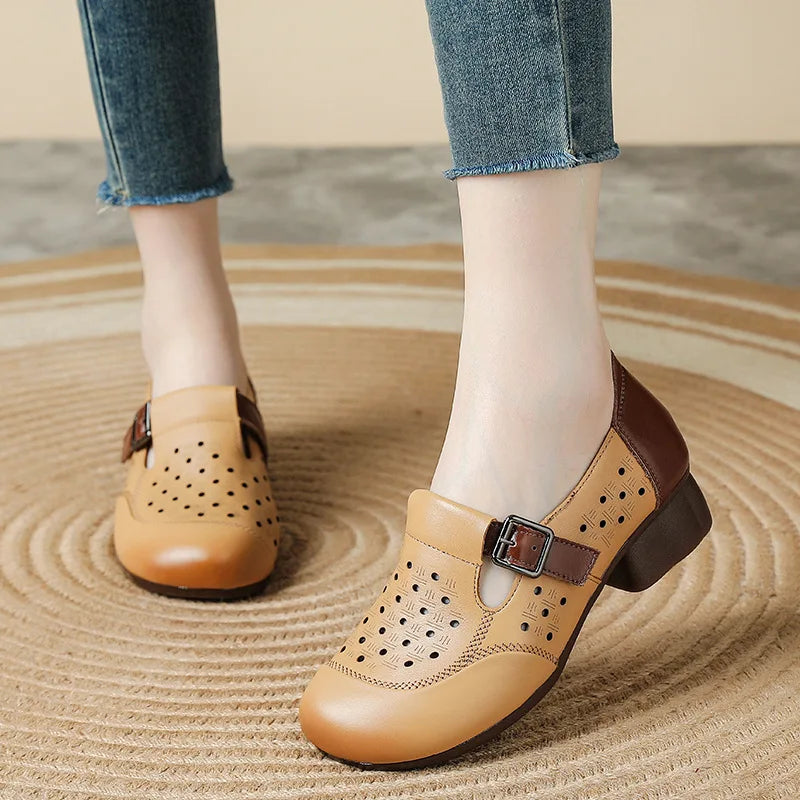 Women's Vintage Buckle Sandals – Genuine Leather Low Heel Buckle Heeled Sandals Qst