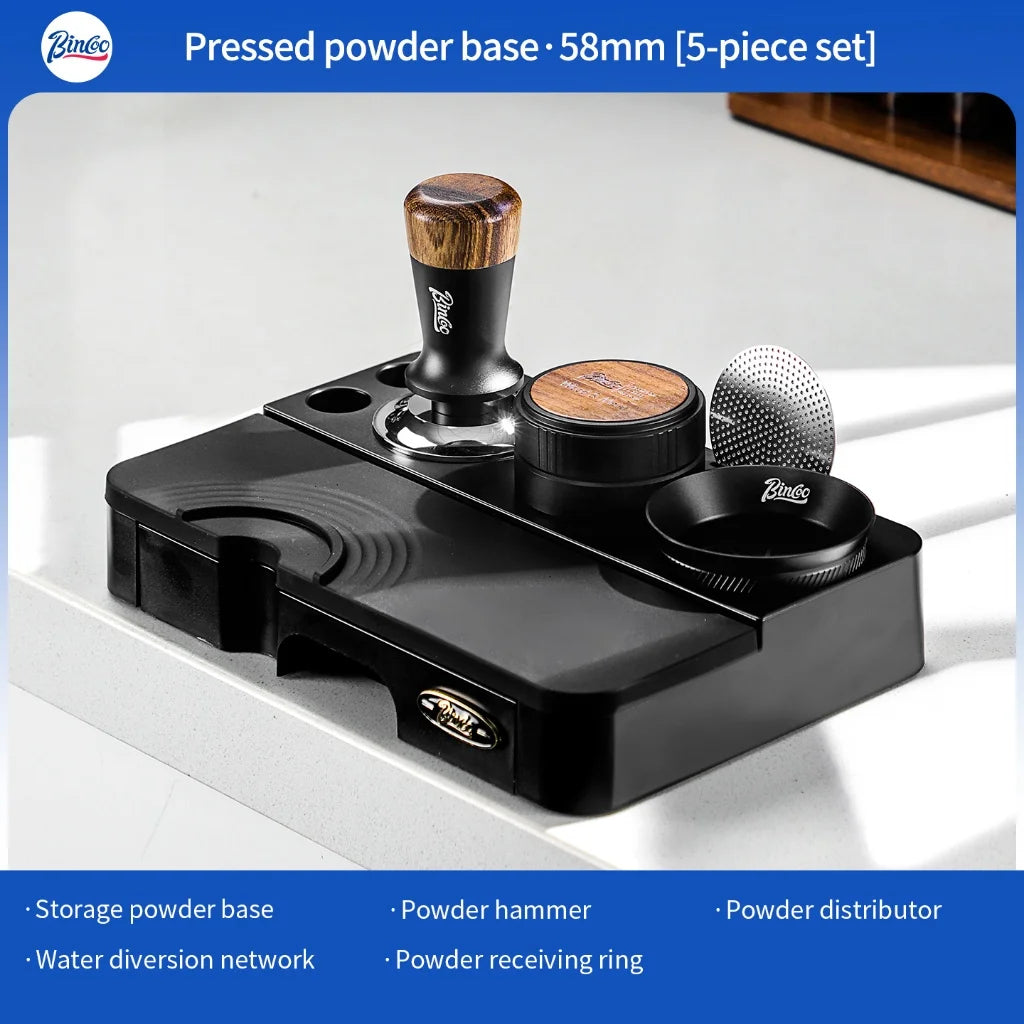 BINCOO Espresso Tamper, Distributor & Knock Box Set 51-58mm Espresso Barista Set Qst Black-5pcs-58MM