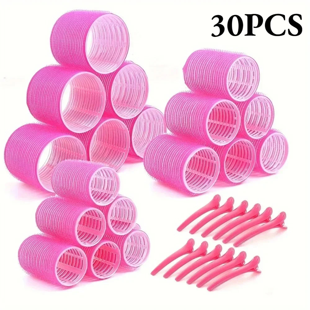 Heatless Self-Grip Hair Rollers & Clips – 30 Pc DIY Set Hair Roller Set Qme Rose Red-30Pcs