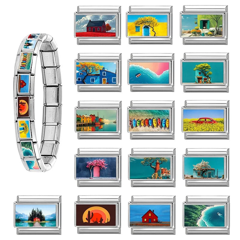 Spring Scenery Vintage Car Tree House Stainless Steel Charms Jewelry Making Charms Qme