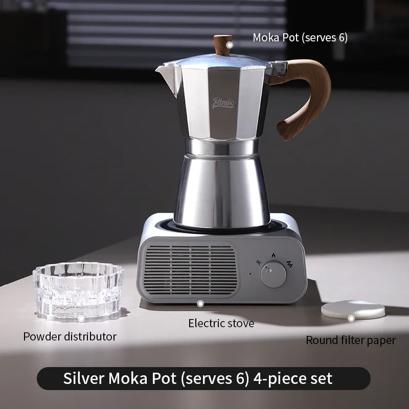 BINCOO Moka Pot Kit – Electric Heater & Manual Grinder Moka Pot Bundle Qst 4pcs Set-6cupS