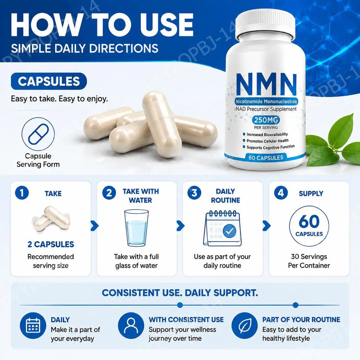 NMN Nicotinamide Mononucleotide 250mg Capsules – 60 Count NMN Supplement Capsules Qst