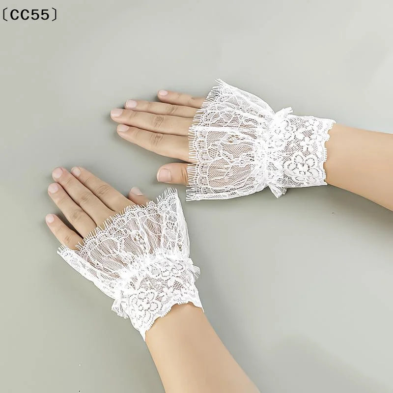 Women's Lace Fake Arm Sleeves Tassel Pleated Cuffs – White & Black Lace Arm Sleeves Qst