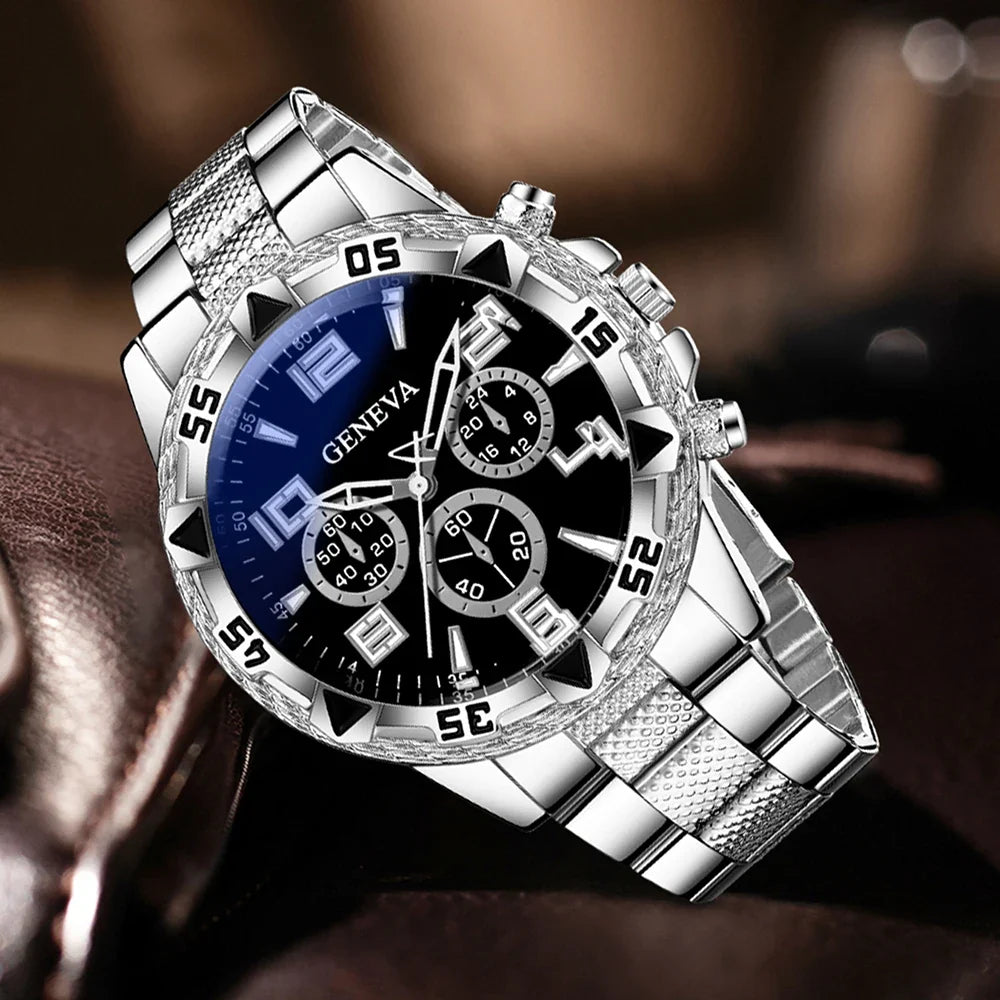 Hip Hop Iced Rhinestone Geneva Watch & Bracelet Set for Men Watch & Bracelet Set Qme