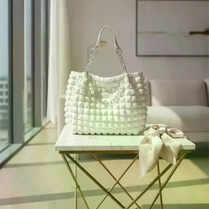 Bubble Textured Tote Bag with Pearl Chain – Large Capacity Tote Bag Qme