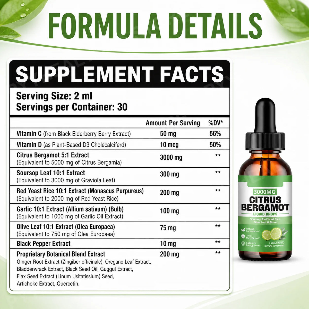 Citrus Bergamot Liquid Drops 3000mg 2-Pack | Heart Wellness Wellness Liquid Supplement Qst