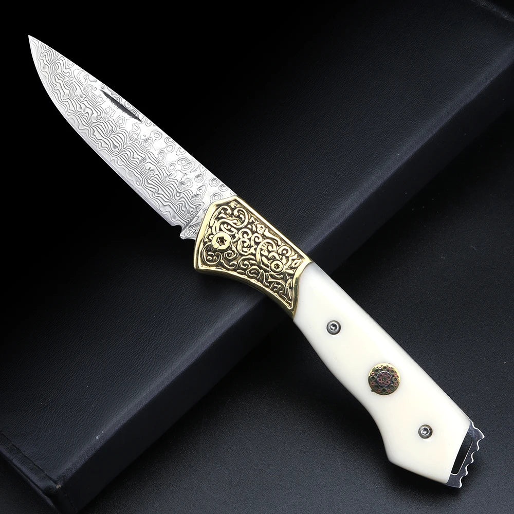 VG10 Damascus Folding Knife – Ox Bone & Brass Pocket Knife Folding Pocket Knife Qst WHITE
