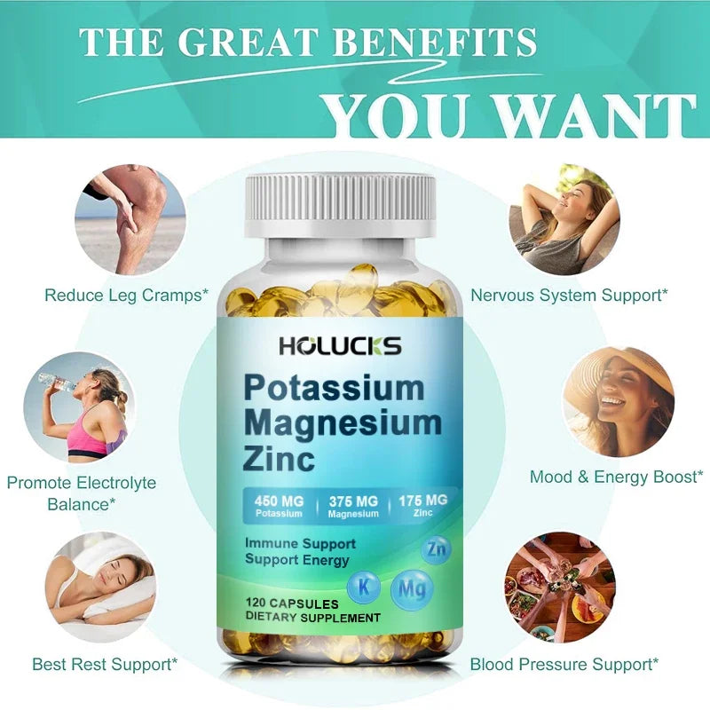 HOLUCKS Potassium Magnesium Zinc Capsules – 120ct Daily Minerals Mineral Supplement Qst