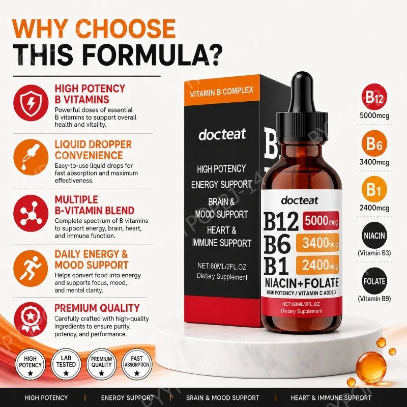 Docteat Vitamin B Complex Liquid Drops with Vitamin C – 60ml Liquid Vitamin Supplement Qst