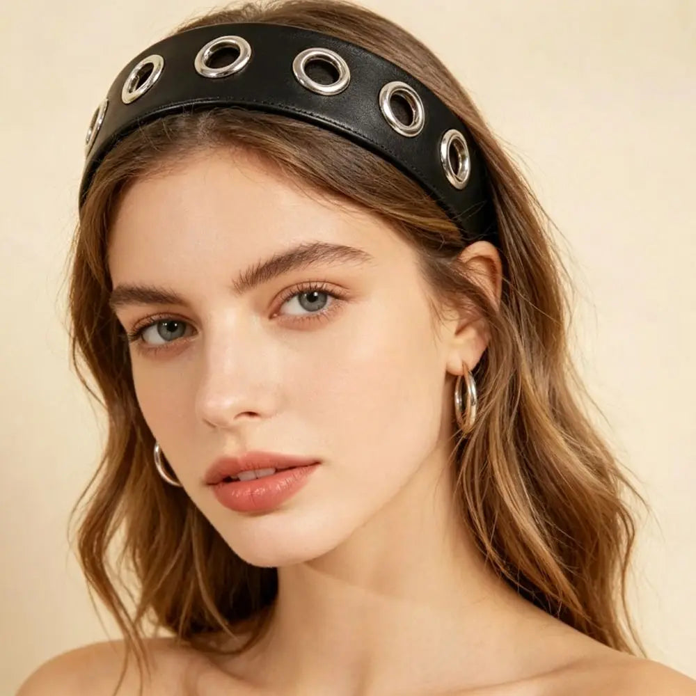 Y2K Hollow Metal Headband Ring – Stretchy Eyelet Wide Band Hair Headband Qme