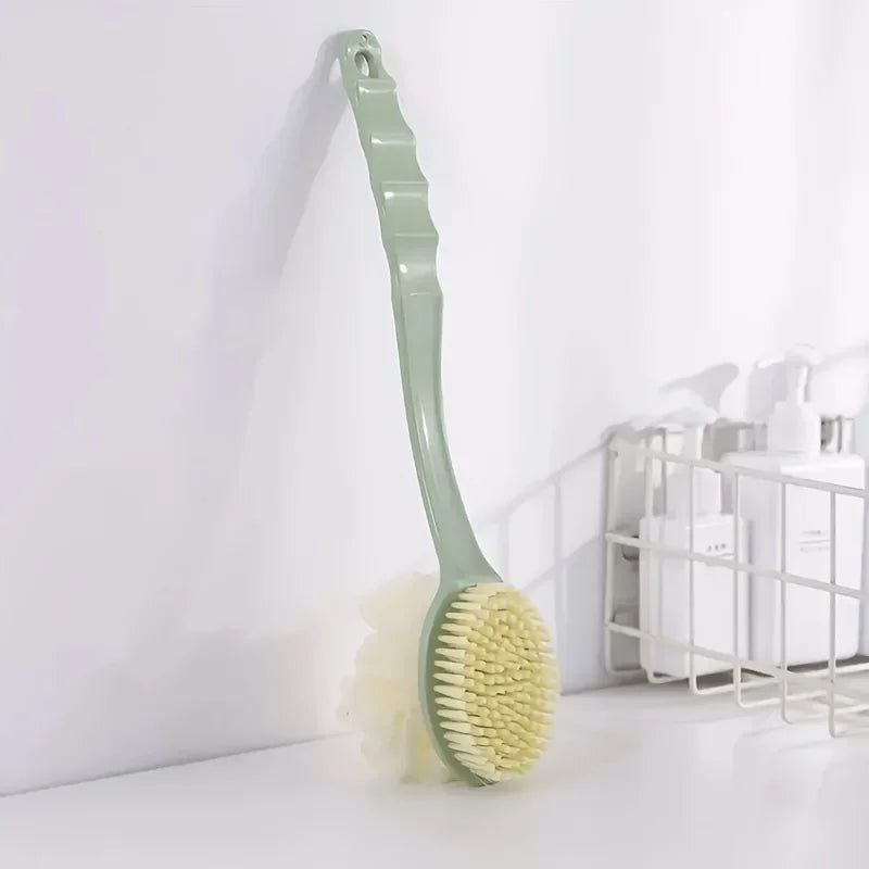 Double-Sided Bath Brush – Long Handle, Sponge & Bristles Bath Body Brush Qme