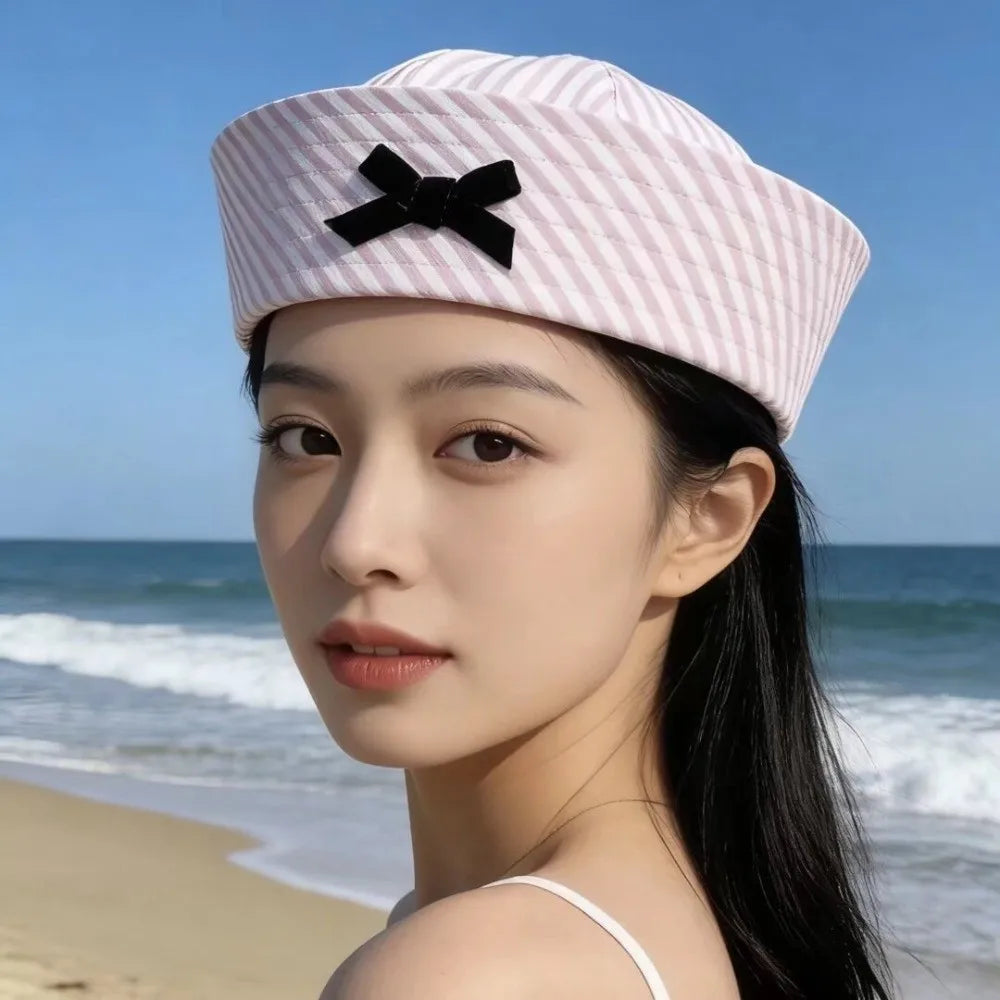 Y2K Stripe Sailor Captain Hat with Bow – Octagonal Navy Cap Sailor Captain Hat Qme