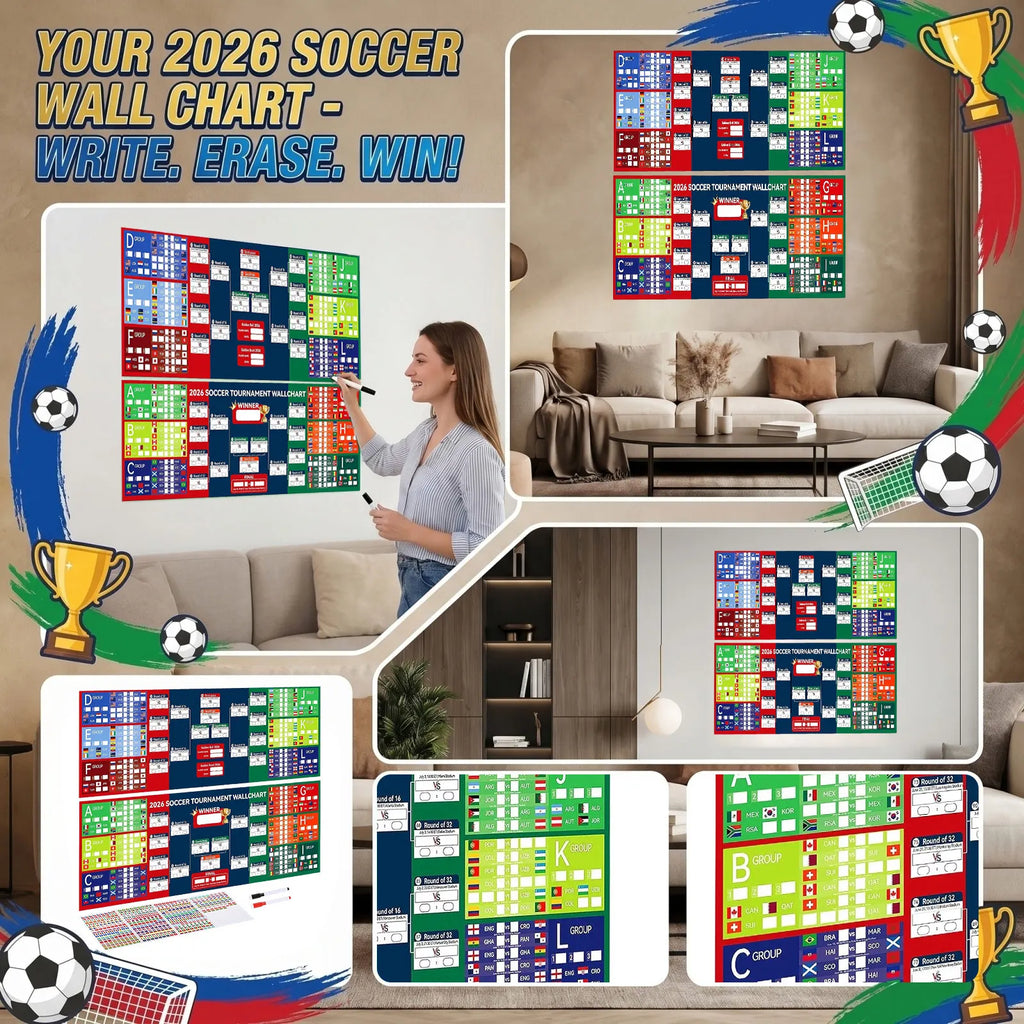 Soccer Event Wall Schedule Poster with Markers & Flag Stickers Wall Schedule Poster Qme as shown One Size
