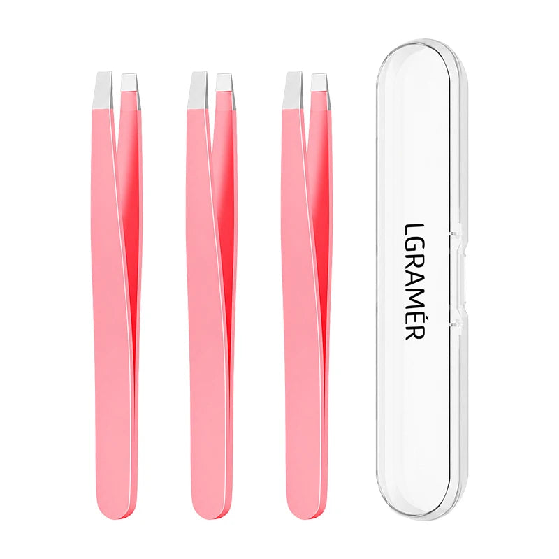 Precision Slant Eyebrow Tweezers with Travel Case – Stainless Steel Eyebrow Tweezers Qst pink-3pcs