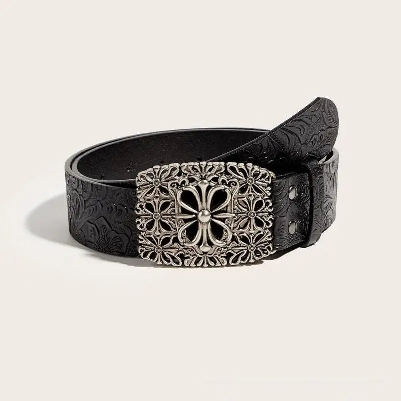 Vintage Boho Western Belt – White Stone Buckle Embossed Leather Boho Leather Belt Qst A7
