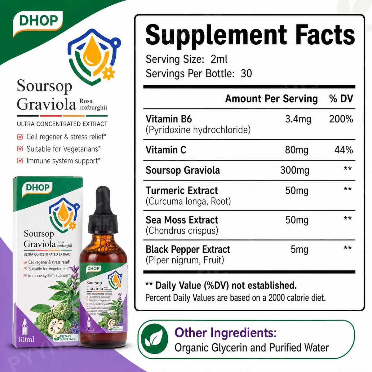 DHOP Soursop Graviola Drops 60mL | Turmeric Sea Moss Vitamin C Herbal Wellness Drops Qst