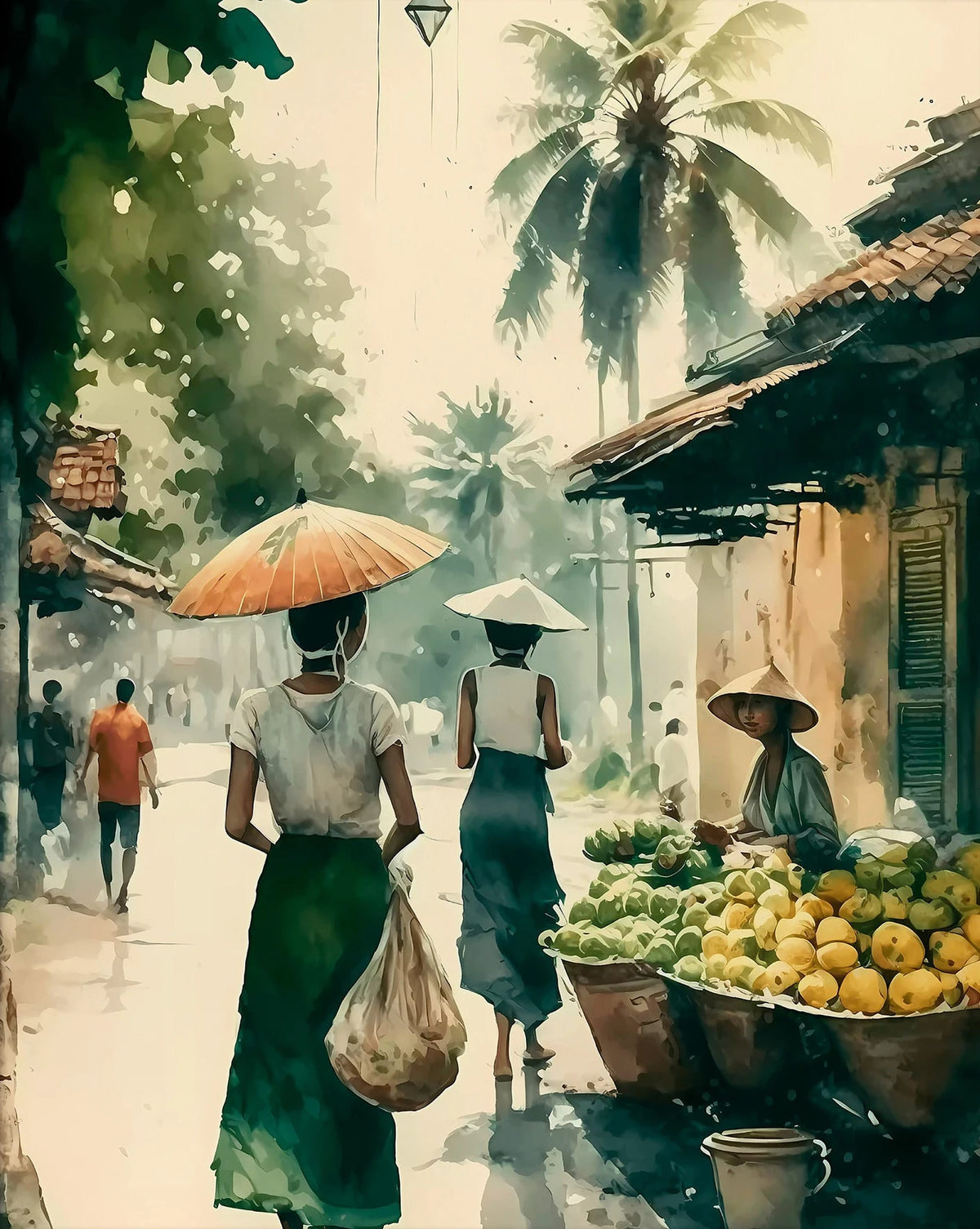 Vietnamese Village Canvas Wall Art – Asian Market Watercolour Canvas Wall Art Qst 3 20x30cm Unframed