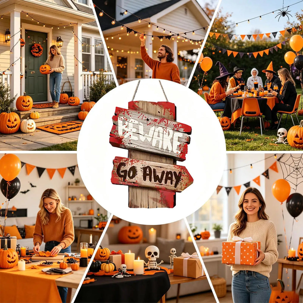 Halloween Outdoor Warning Sign – Spooky Wooden Yard Decor Halloween Yard Sign Qme