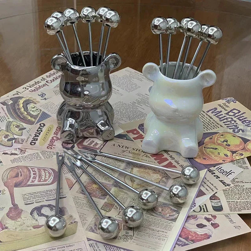 Cute Bear Stainless Steel Dessert Forks with Ceramic Storage Jar Dessert Fork Set Qme