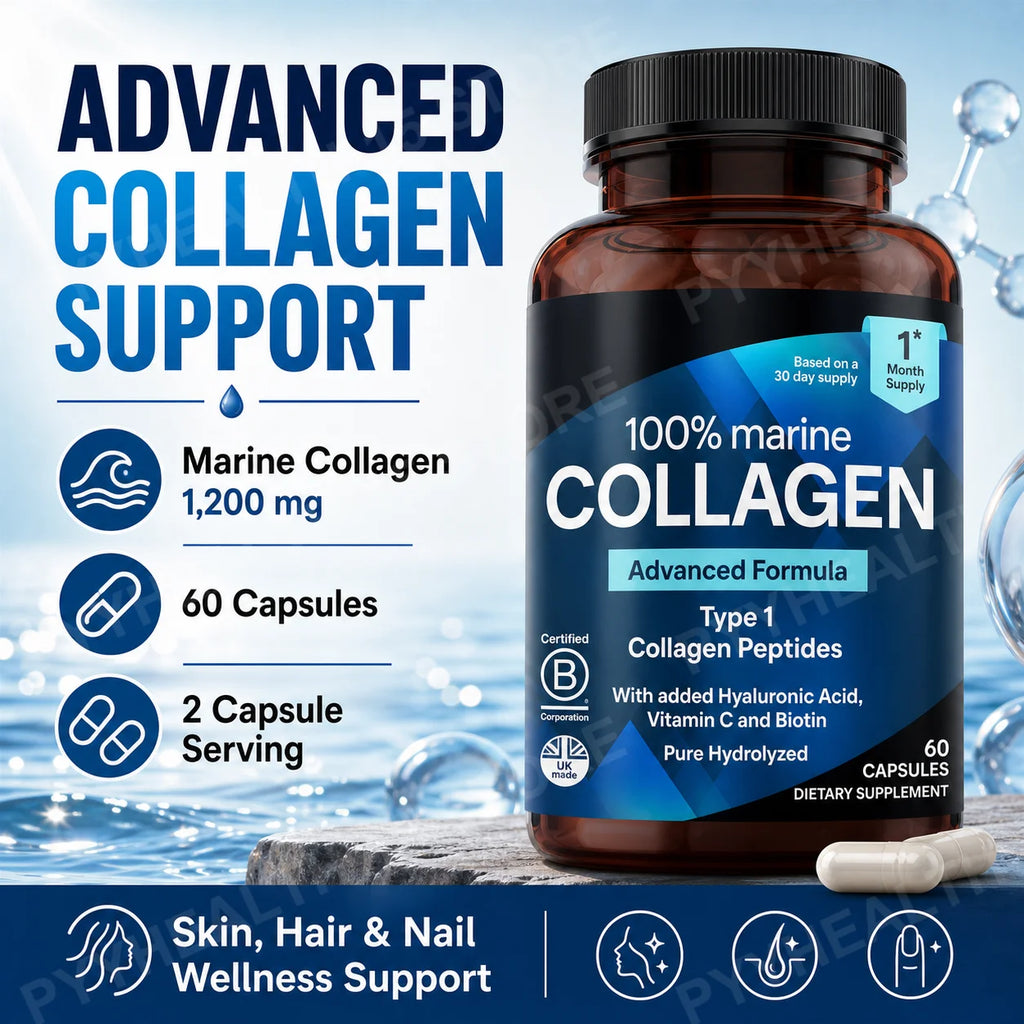 Marine Collagen Capsules – Type I Peptides, Hyaluronic Acid, 60ct Collagen Supplement Qst