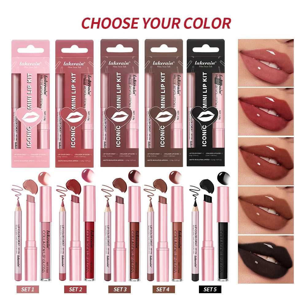 Iconic Mini Lip Kit – Waterproof Lipstick, Liner & Gloss Set Lip Makeup Set Qst