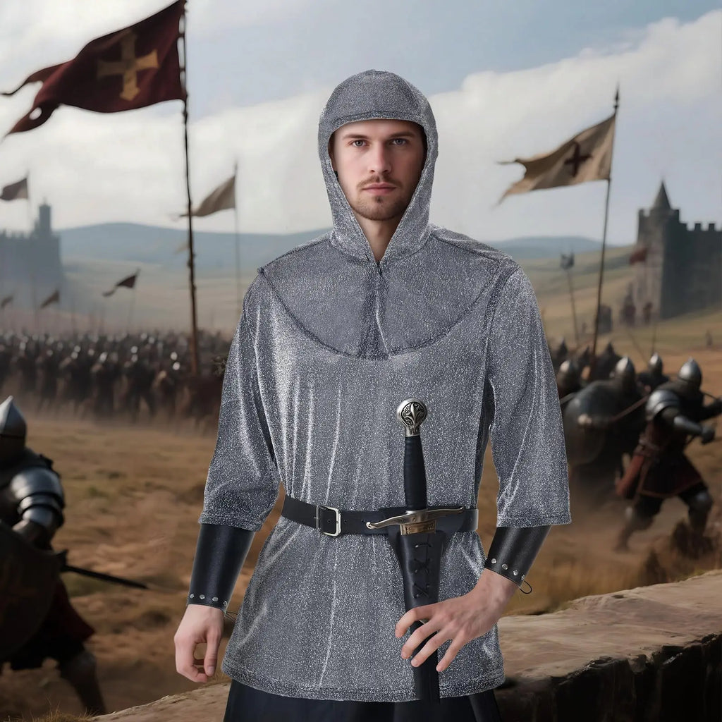 Medieval Faux Chain Mail Armor Tunic Shirt Cowl & Belt Set Medieval Costume Set Qme