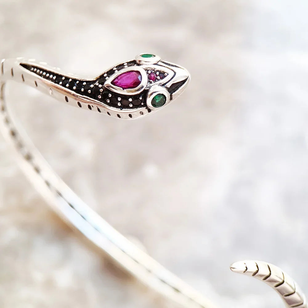 Blackened 925 Sterling Silver Snake Bangle Bracelet | Qme Sterling Silver Bangle Qme