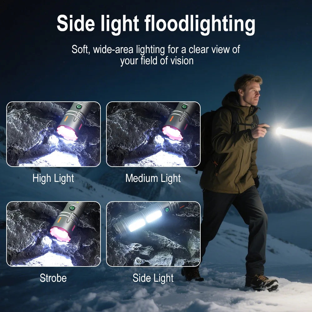 BORUiT Zoomable LED Flashlight Type-C Rechargeable, Side COB Light LED Flashlight Qst