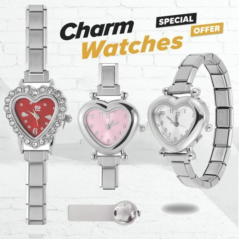 Heart Shape CZ Watch Bracelet | Stainless Steel Arabic Numerals CZ Bangle Watch Qme