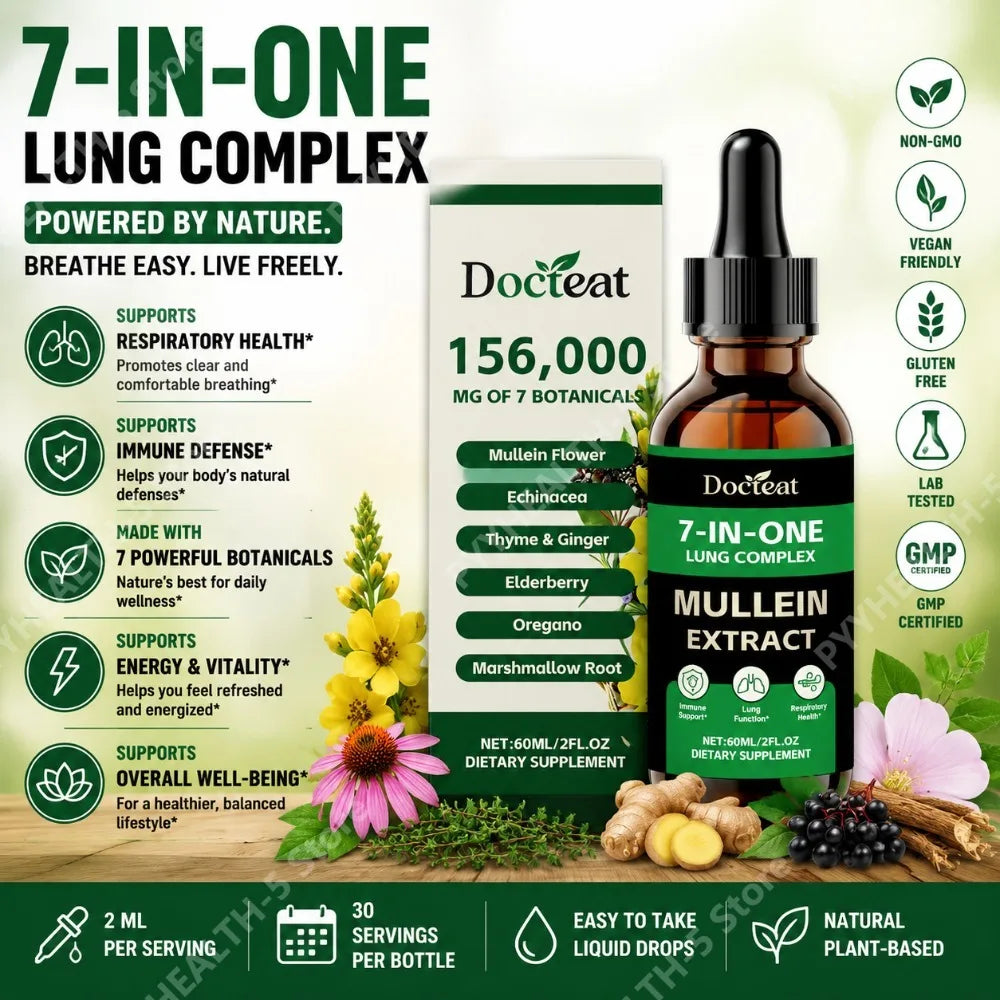 Docteat 7-in-1 Lung Complex Drops – Mullein & Elderberry 60ml Herbal Liquid Supplement Qst