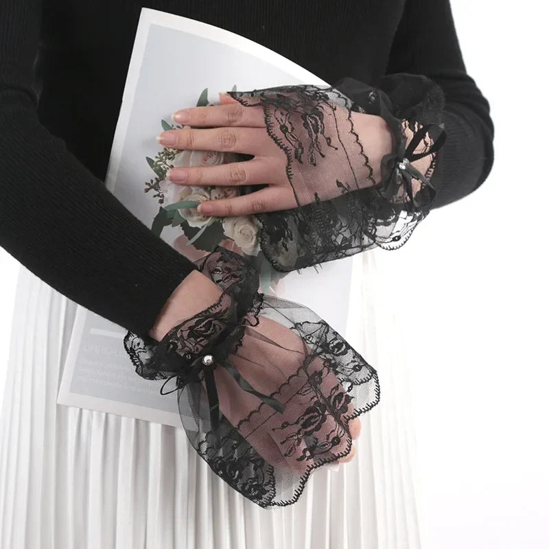Women's Gothic Lace Mesh Horn Cuff Gloves – Ruffled Detachable Lace Arm Warmers Qme