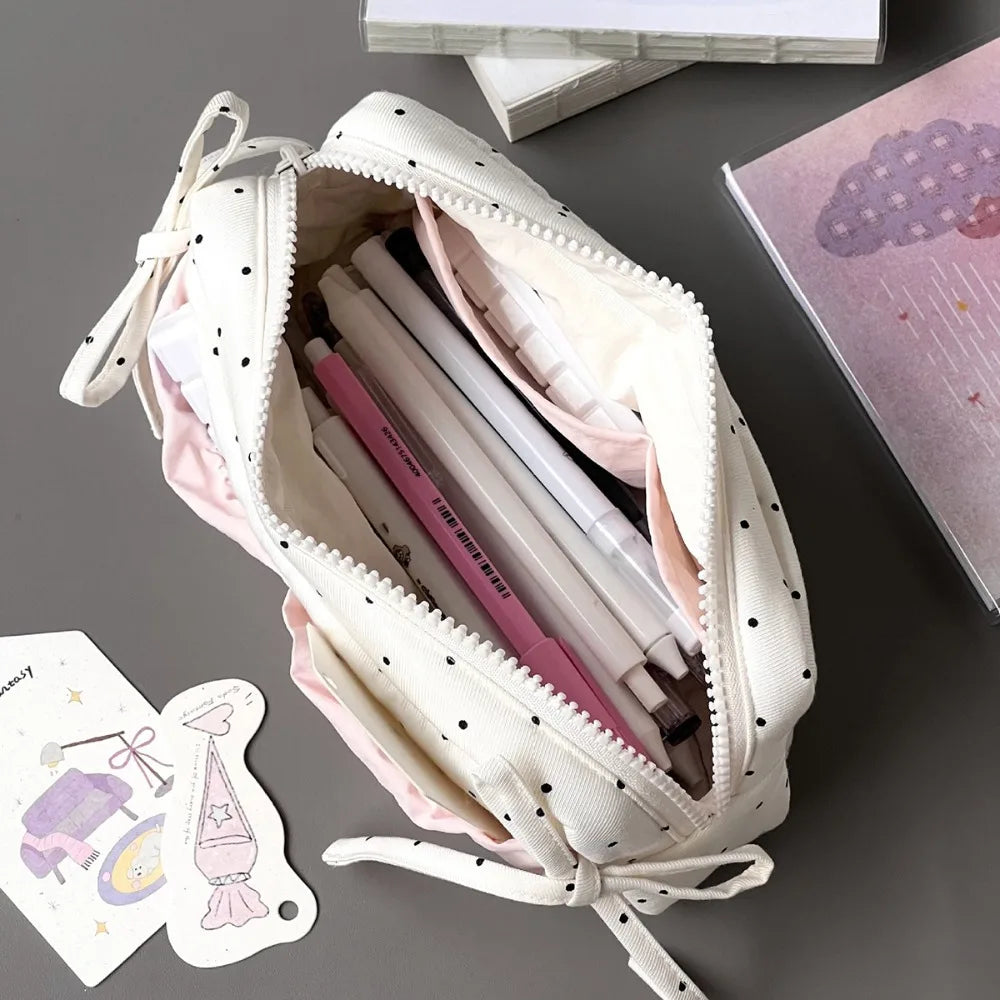 Cute Polka Dot Large Capacity Pencil Bag | Fabric Pouch Pencil Bag Pouch Qme