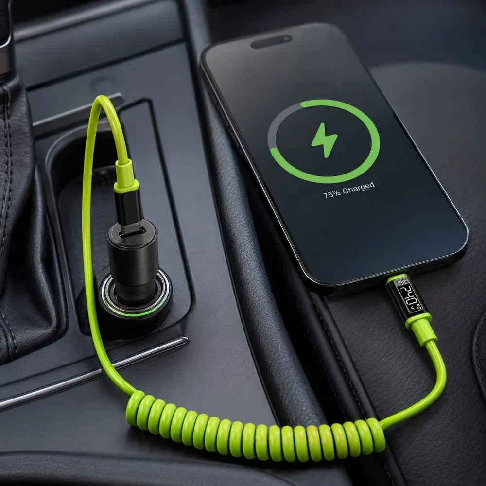 240W USB-C Spring Retractable Fast Charging Cable | Braided USB-C Charging Cable Qme