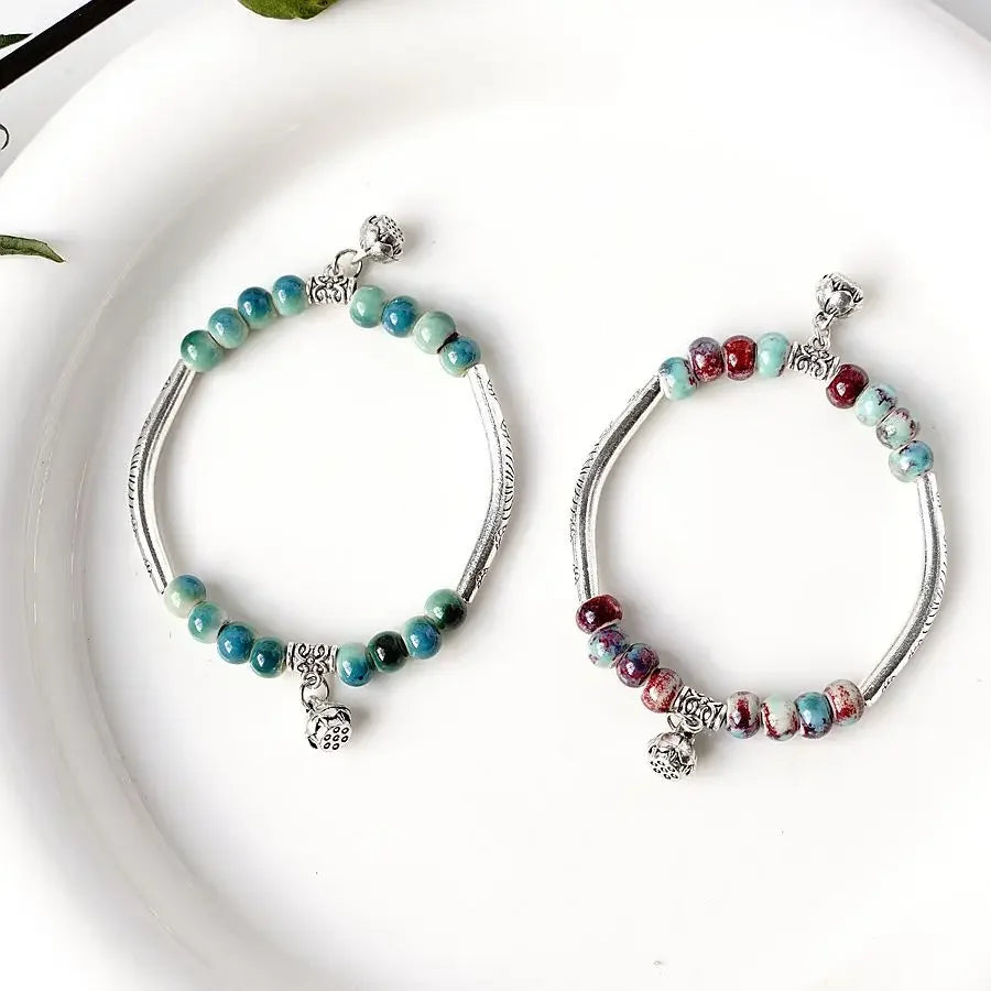 Handmade Ceramic Lotus Bracelet | Boho Pendant Jewelry Ceramic Bracelet Qme