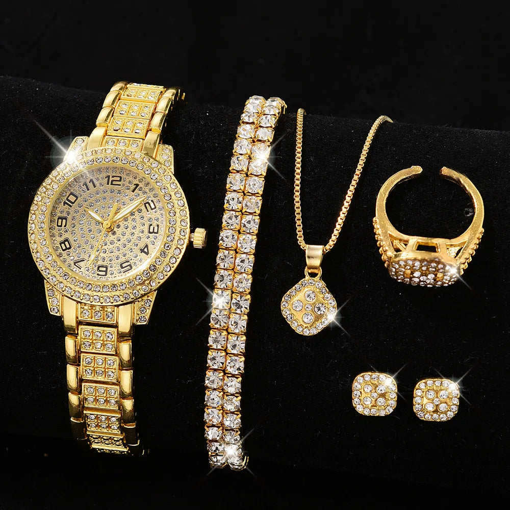 Women's Gold Rhinestone Watch Ring Necklace Earrings Set Jewelry & Watch Set Qme Coffee